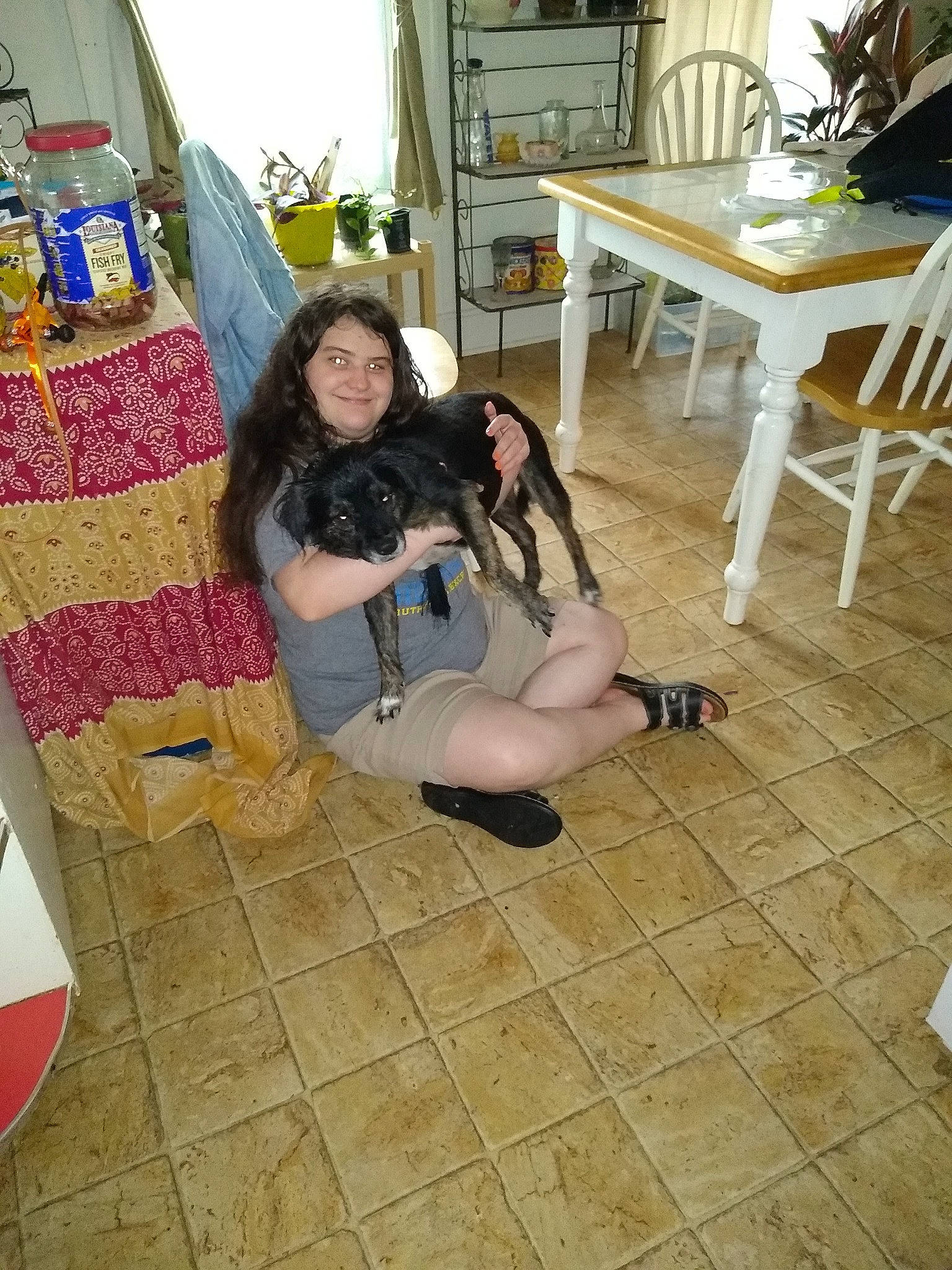 Evee joined the competition — help win amazing prizes! canidae, fawn, floor, flooring, joy, leg, person, room, sitting, sporting_group, tile