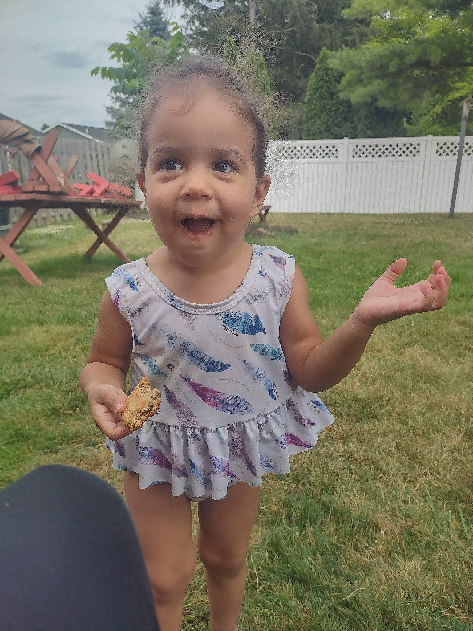 Adalyn joined the competition — help win amazing prizes! baby_toddler_clothing, dress, eye, face, finger, fun, gesture, grass, hair, happy, head, iris, leisure, person, plant, skin, sky, smile, thumb, toddler