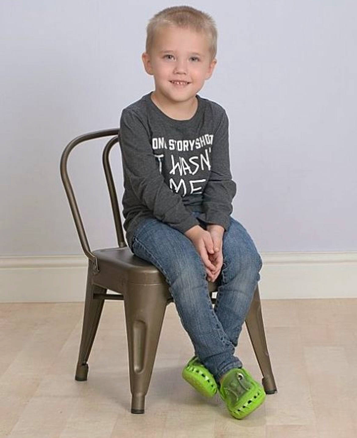 Kayleb joined the competition — help win amazing prizes! chin, comfort, eye, face, flash_photography, hair, hairstyle, head, human_body, jeans, joy, knee, leg, neck, person, sleeve, smile, standing, t_shirt, thigh