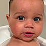 baby, child, bath, water, wet_skin, face, eyes, mouth, shoulder, skin, infant, curious, close_up, bathroom, soap, toddler, head, expression, cute, indoors
