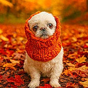 Stanley joined the competition — help win amazing prizes! dog, puppy, autumn, fall_leaves, orange_scarf, knitted_scarf, cute, outdoor, nature, seasonal, leaf_litter, small_dog, white_fur, warm_clothing, forest, colorful, pet, portrait, fall_colors, cozy