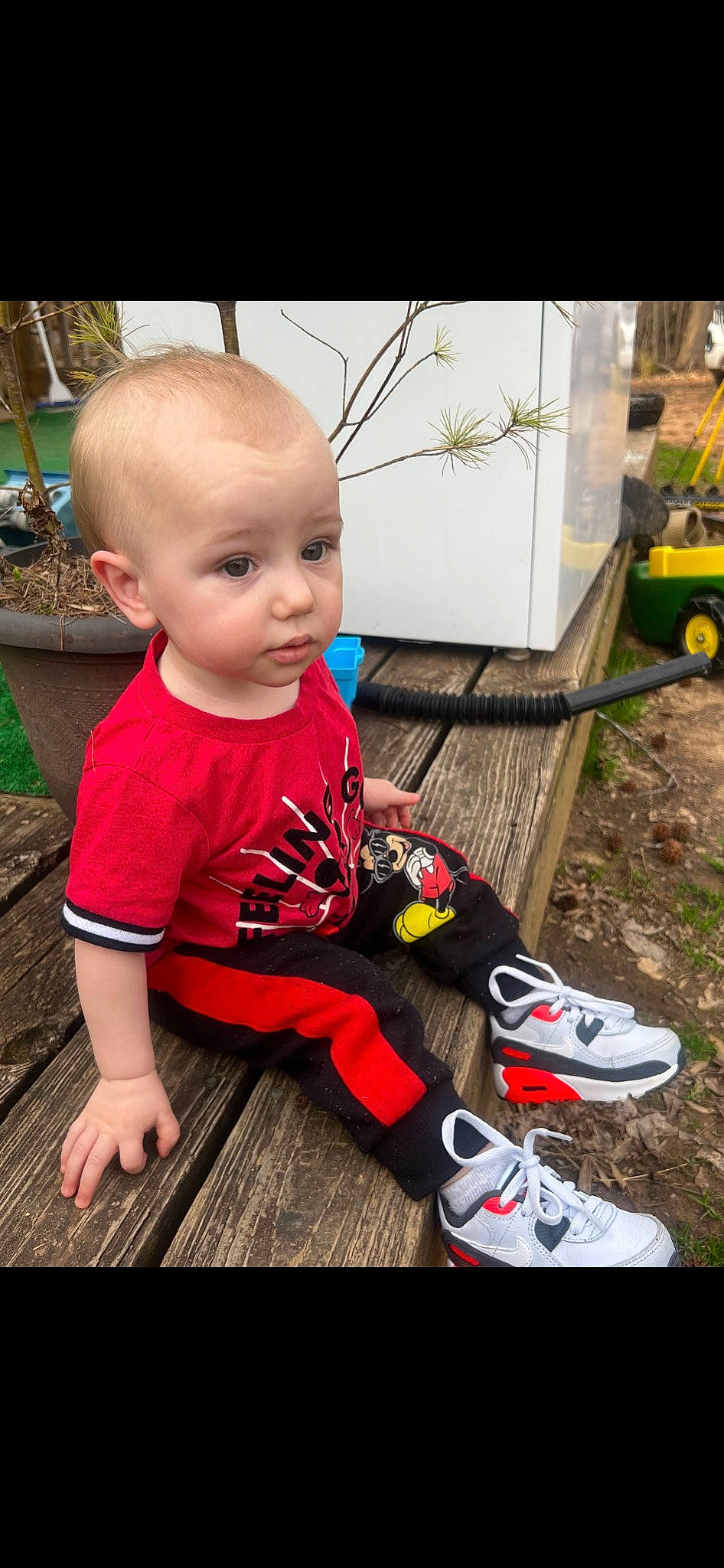 Braylen joined the competition — help win amazing prizes! baby, baby_toddler_clothing, child, flooring, fun, grass, happy, human_leg, leisure, person, plant, shoe, sitting, snapshot, t_shirt, tire, toddler, tree, walking_shoe, wheel