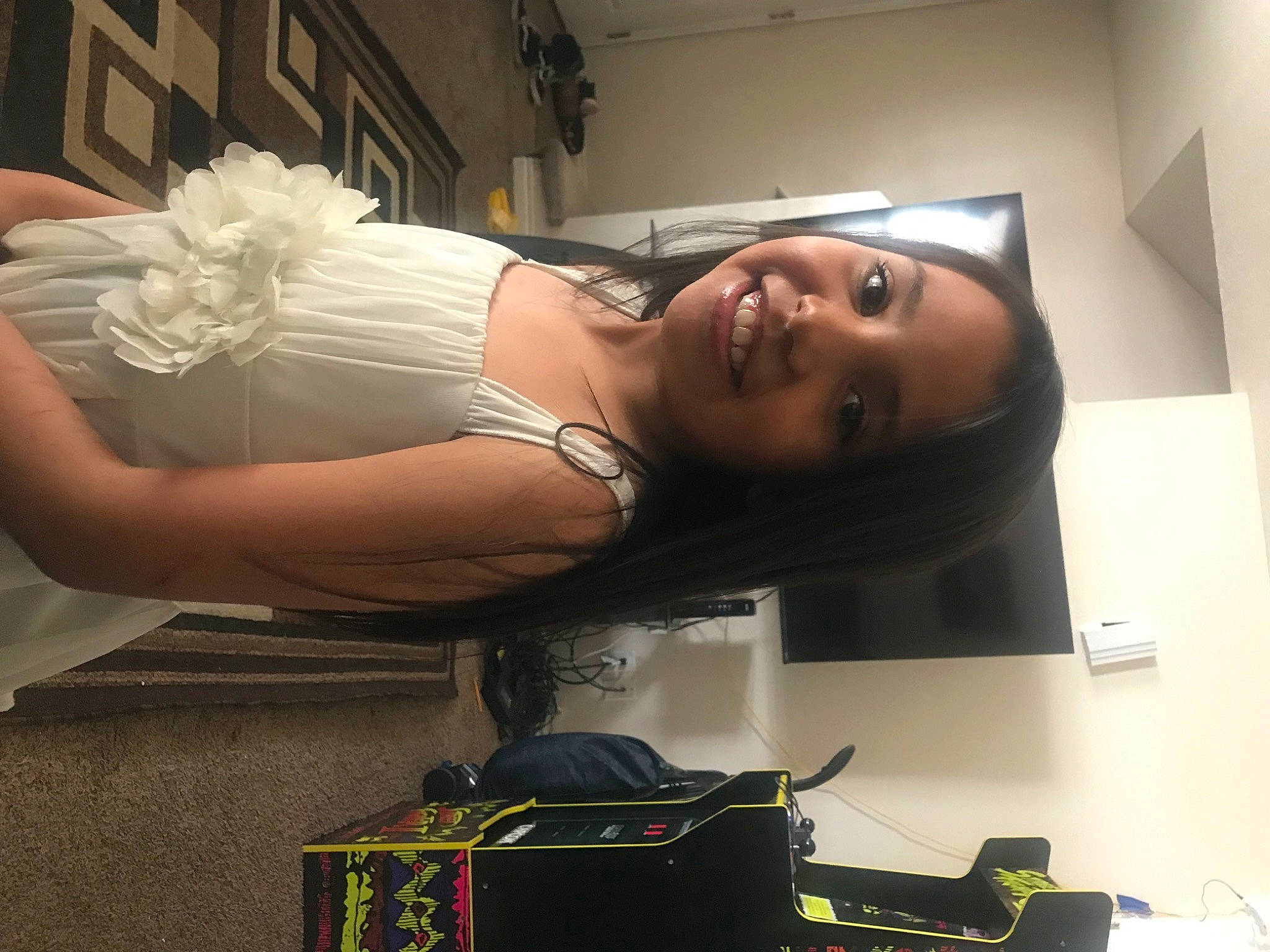 Beverley is registered to the contest to win money with this photo: automotive_design, bridal_accessory, bridal_clothing, bridal_veil, chest, dress, eyelash, eyewear, fashion_accessory, fashion_design, flash_photography, headpiece, human_leg, jewellery, joy, necklace, office_equipment, person, room, smile