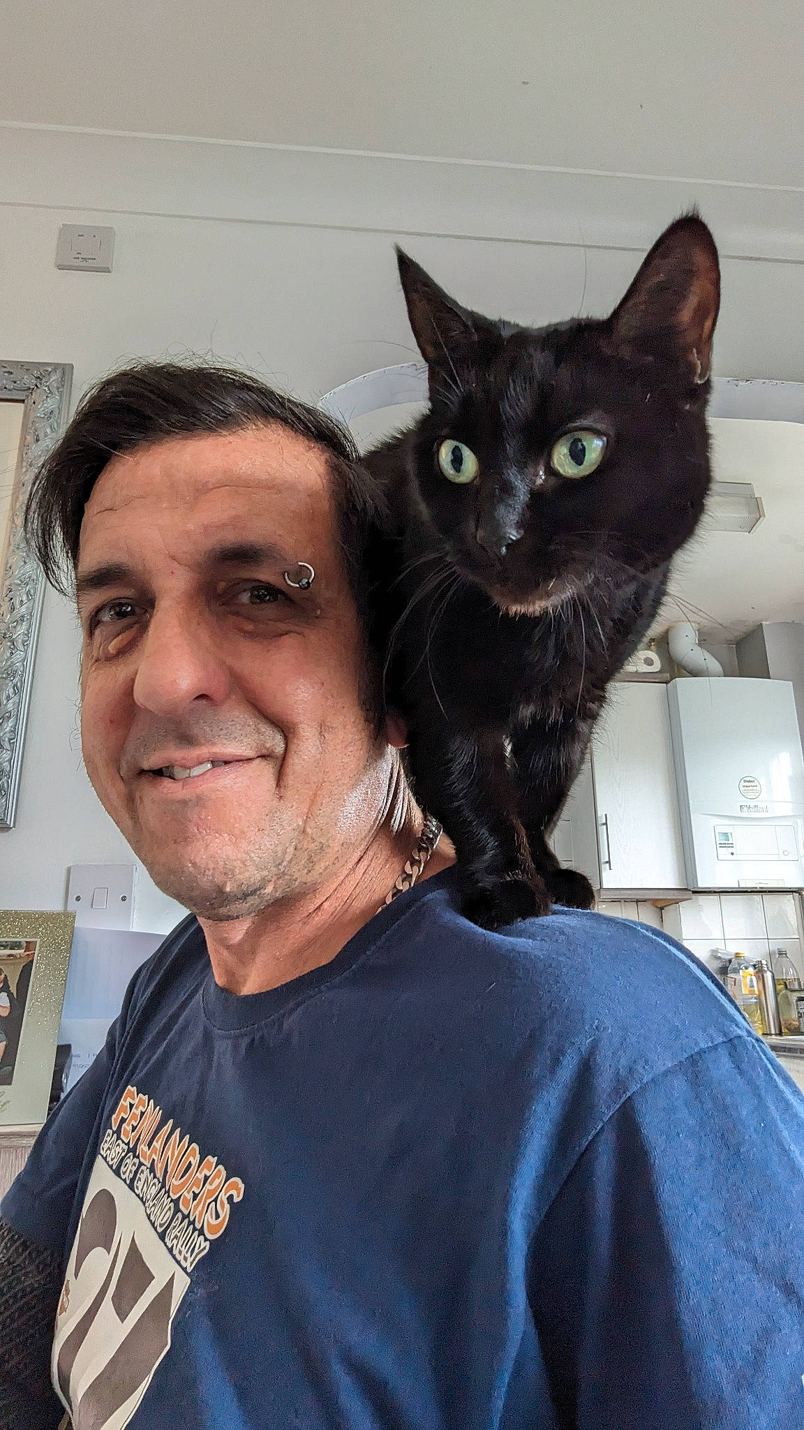 Kisses joined the competition — help win amazing prizes! beard, black_cat, carnivore, cat, domestic_short_haired_cat, ear, eye, facial_expression, felidae, gesture, happy, head, iris, moustache, organ, small_to_medium_sized_cats, smile, snout, t_shirt, whiskers