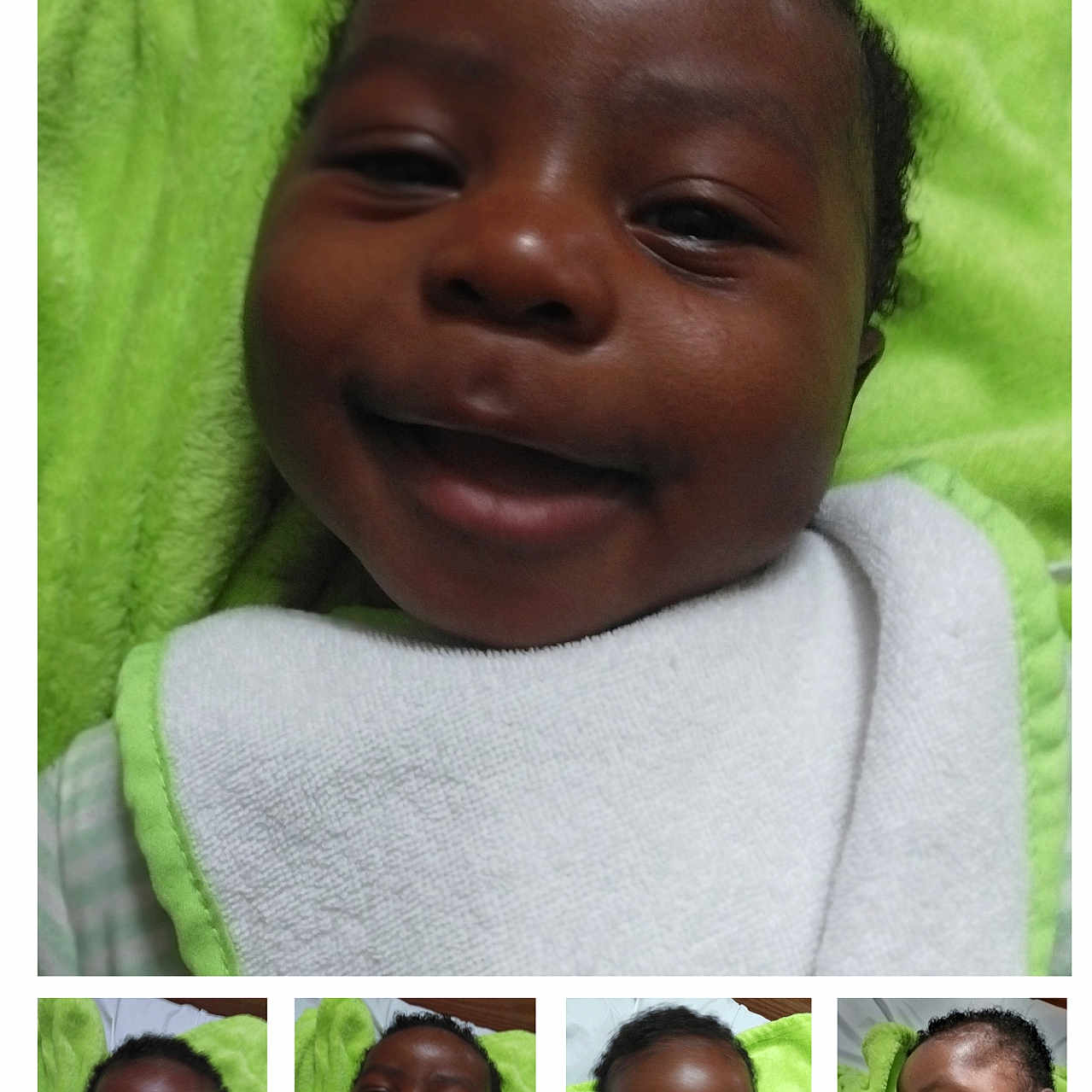 James-Semaj is registered to the contest to win money with this photo: baby, infant, smiling, sleeping, green_blanket, white_bib, closeup, portrait, child, curly_hair, happy, peaceful, cute, indoors, soft_lighting, skin, face, expression, collage, photography