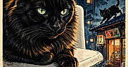 Oxo participe au concours pour gagner de l'argent avec cette photo : black_cat, cat, cityscape, claws, dramatic, fictional, illustration, japanese_alley, lantern, large_text, night, noir, poster, rain, red_typography, rooftop, sitting, theatrical_poster, urban_scene, vintage_style