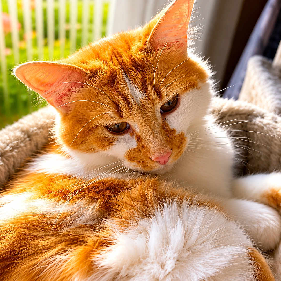 Guizmo a rejoint le concours — aidez-le/la à gagner de superbes lots ! cat, orange_cat, white_cat, pet, feline, fluffy, fur, whiskers, ears, eyes, nose, sleepy, relaxed, lying_down, close_up, portrait, sunlight, indoors, chair, greenery