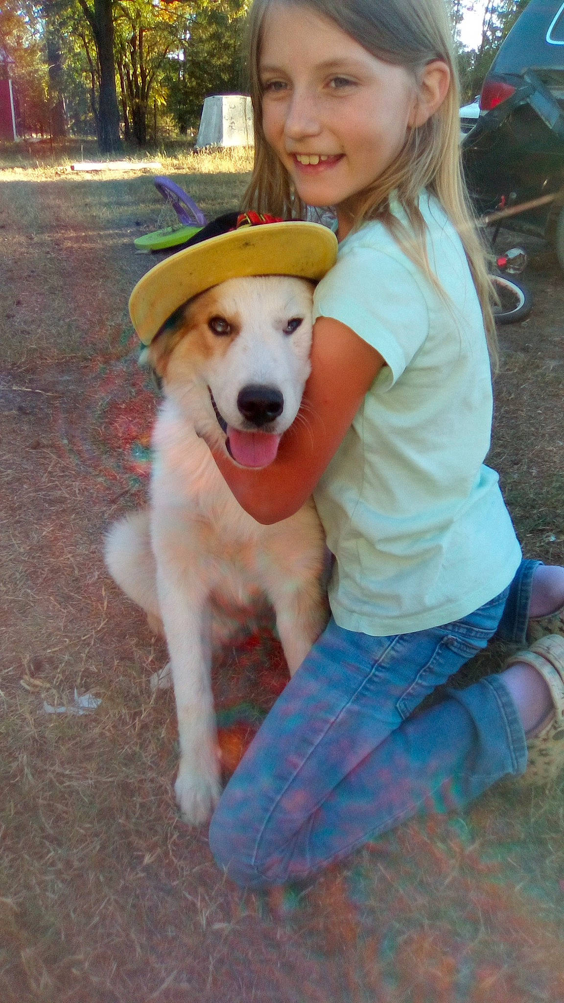 Girl is registered to the contest to win money with this photo: canidae, carnivore, clothing, companion_dog, dog, dog_breed, fawn, fun, fur, happy, hat, plant, play, recreation, shoe, smile, sneakers, sporting_group, toddler, working_dog