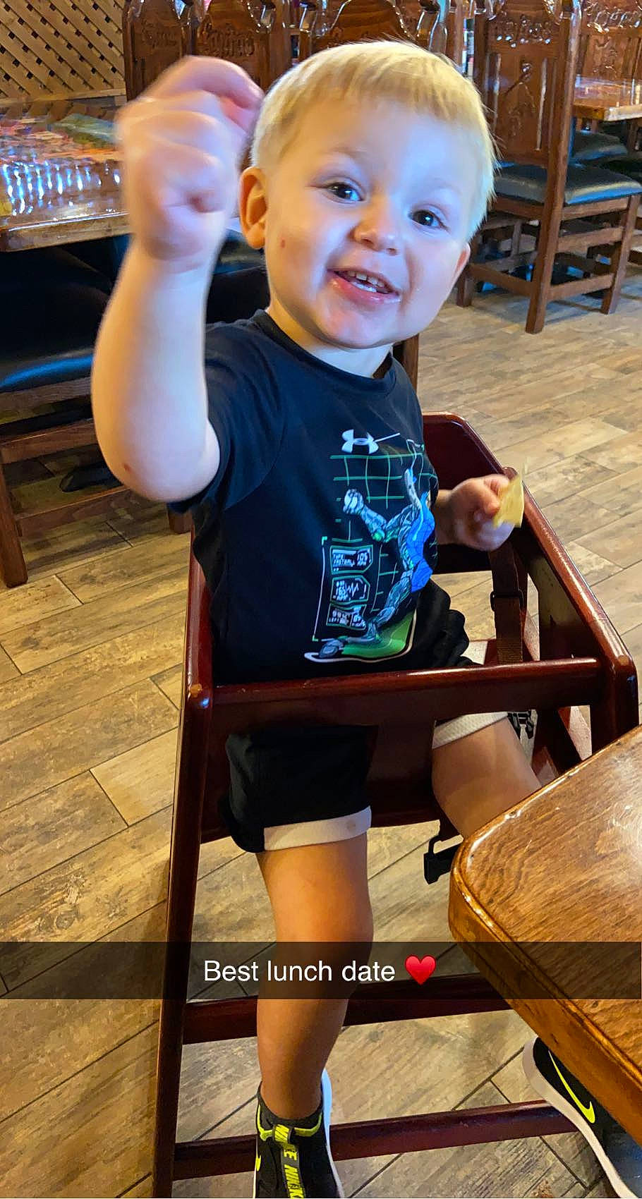Wesson joined the competition — help win amazing prizes! baby_toddler_clothing, chair, cheek, child, chin, fun, happy, head, leisure, organ, people, person, photograph, skin, sleeve, smile, standing, t_shirt, toddler, wood