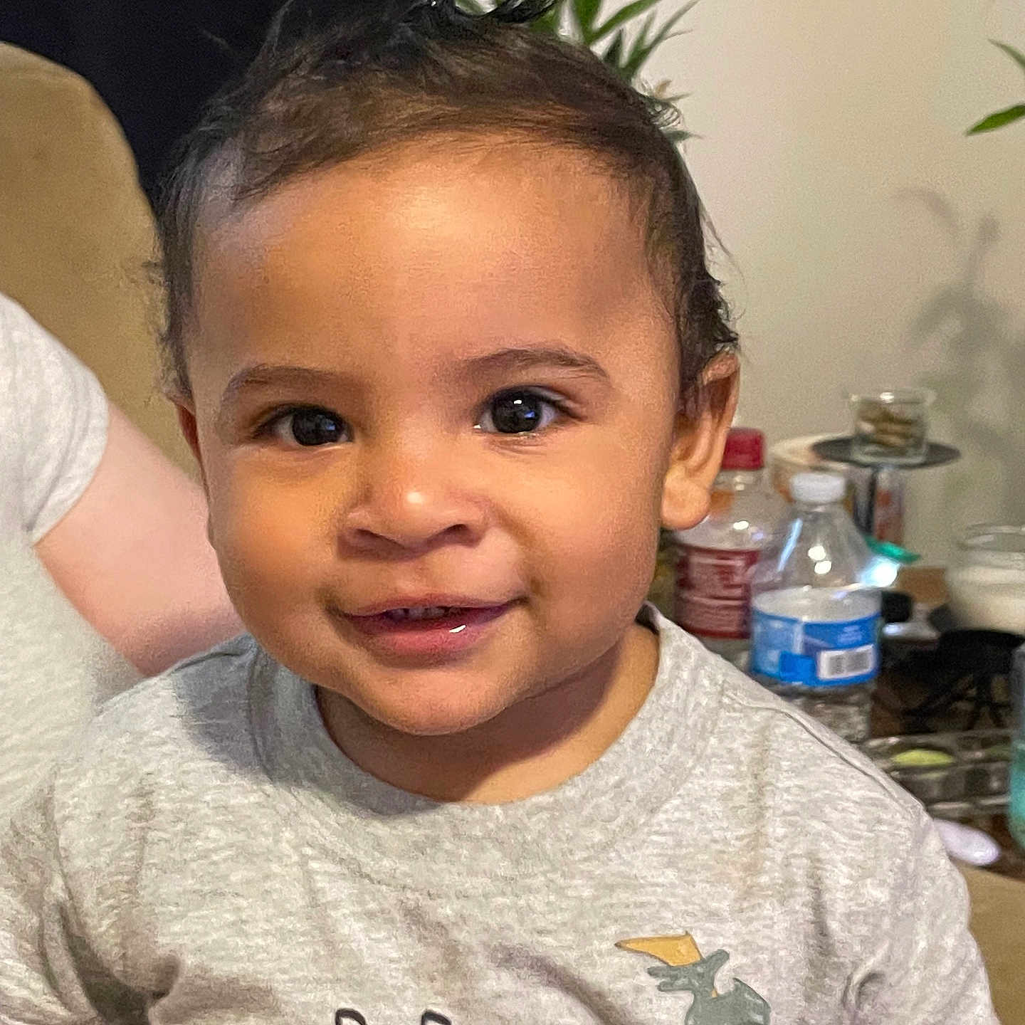 Eddie joined the competition — help win amazing prizes! toddler, child, smiling, indoor, portrait, face, hair, grey_shirt, text_on_clothing, plant, bottle, table, person, cute, happy, young_child, casual_clothing, baby, home, background_objects