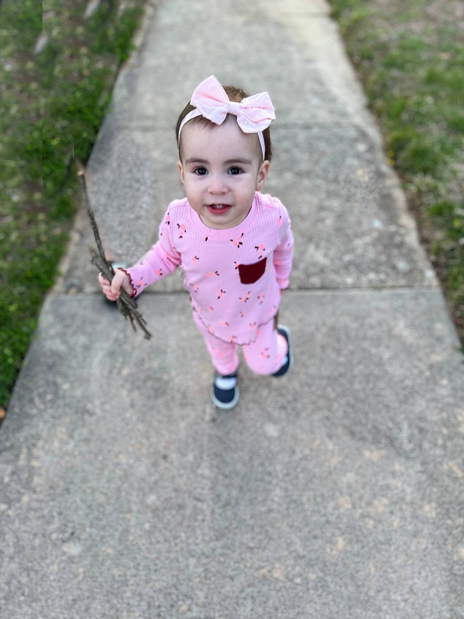Aubree joined the competition — help win amazing prizes! asphalt, baby, baby_toddler_clothing, dress, face, grass, happy, hat, headgear, human_body, magenta, pattern, people_in_nature, person, pink, plant, recreation, road_surface, sleeve, smile