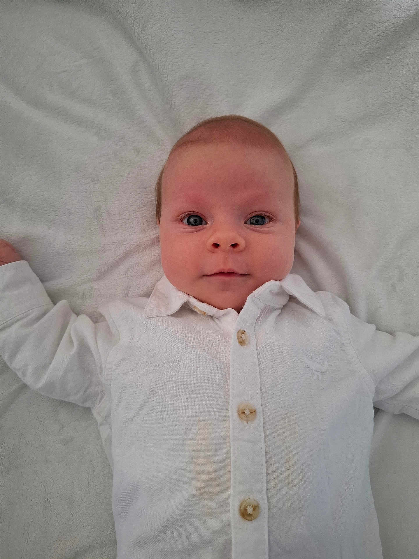 Loën participe au concours pour gagner de l'argent avec cette photo : baby, infant, child, face, eyes, white_shirt, buttons, collar, blanket, bedding, lying_down, portrait, looking_at_camera, cute, newborn, skin, hands, bed, closeup, smile