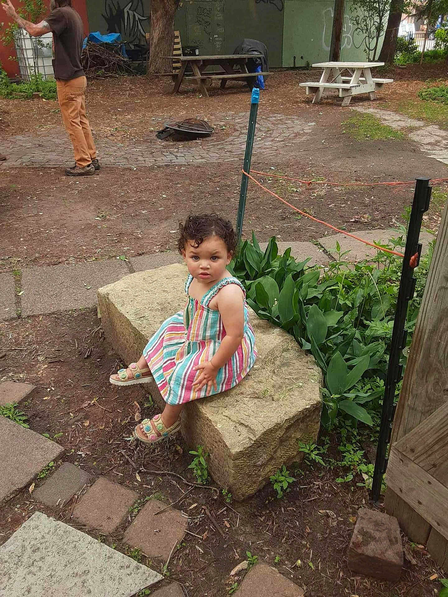 Lydia Altamirano is registered to the contest to win money with this photo: toddler, child, outdoor, garden, stone_block, striped_dress, curly_hair, greenery, picnic_table, person, pathway, plant, sandals, serious_expression, daylight, nature, casual, playground, young_child, sitting