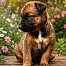 Pupuce a rejoint le concours — aidez-le/la à gagner de superbes lots ! puppy, dog, animal, outdoor, flowers, wood, nature, sunlight, brown_fur, black_muzzle, cute, pet, young, sitting, garden, greenery, pink_flowers, white_flowers, portrait, summer
