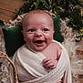 baby, smiling, blanket, basket, holly_leaves, curly_fur, wood_floor, green_pillow, cute, infant, wrapped, portrait, happy, cozy, soft_texture, indoors, child, face, newborn, warm
