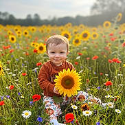 Annabelle is registered to the contest to win money with this photo: child, toddler, sunflower, flower_field, wildflowers, grass, nature, outdoor, smiling, sitting, colorful, greenery, plants, sunlight, baby, cute, portrait, scenic, bright, happy