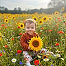 child, toddler, sunflower, flower_field, wildflowers, grass, nature, outdoor, smiling, sitting, colorful, greenery, plants, sunlight, baby, cute, portrait, scenic, bright, happy