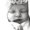 newborn, baby, infant, sleeping, portrait, black_and_white, flower, headband, close_up, face, eyes_closed, peaceful, hand, fist, blanket, clothing, indoors, photography, monochrome, cute