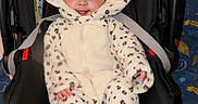 Kataleya a rejoint le concours — aidez-le/la à gagner de superbes lots ! baby, child, infant, onesie, leopard_print, hood, ears, car_seat, seatbelt, smiling, tongue_out, cute, plush, clothing, indoors, person, portrait, happy, cozy, colorful_background
