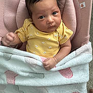 Hiba participe au concours pour gagner de l'argent avec cette photo : baby, blanket, car_seat, child, comfort, cozy, cute, expression, face, heart_pattern, indoor, infant, looking_up, newborn, person, pink_cushion, small_hand, soft_texture, wrapped, yellow_clothing