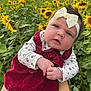 baby, child, flower, sunflower, headband, dress, outdoor, nature, greenery, plants, hand, portrait, infant, cute, face, young, holding, garden, field, sunlight
