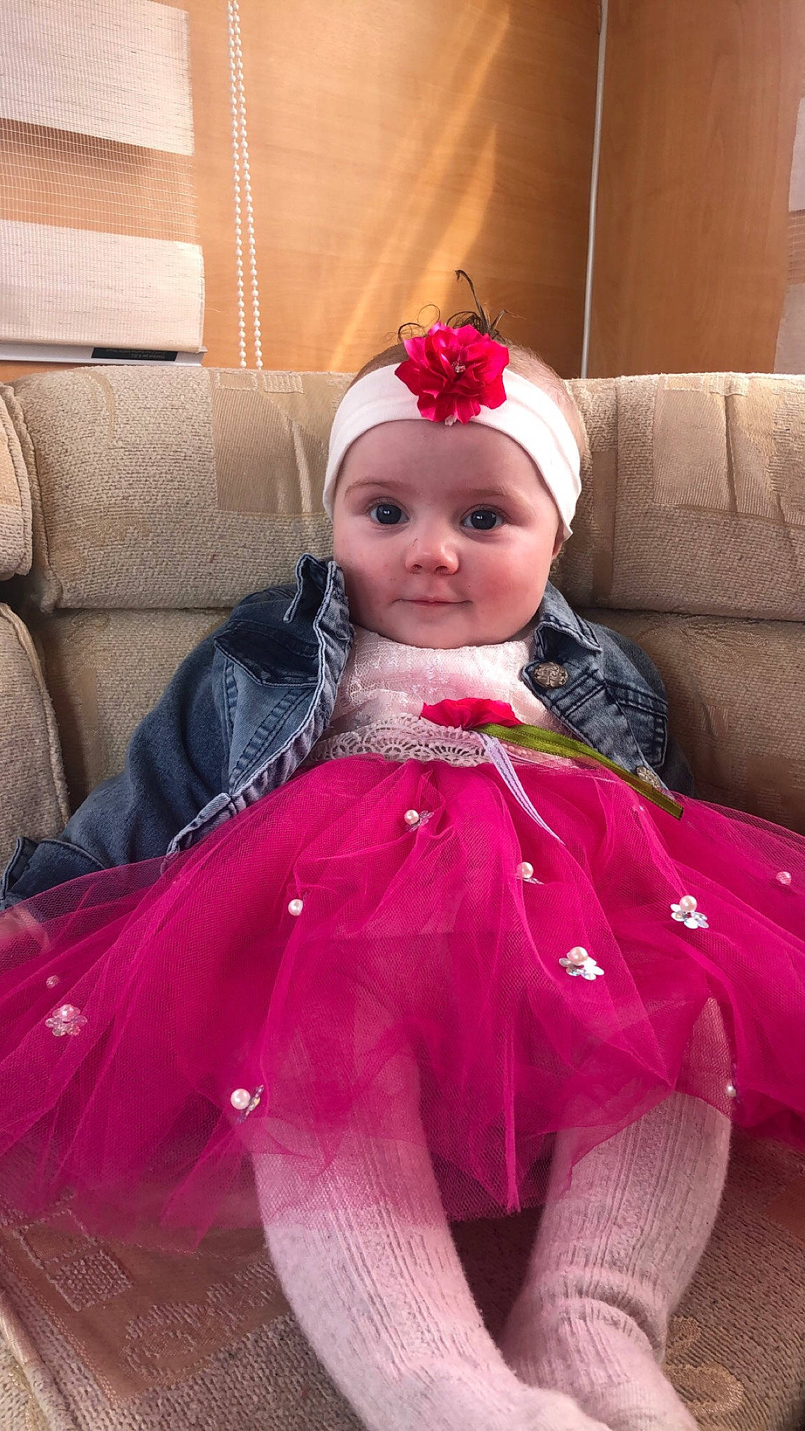 Kayla participe au concours pour gagner de l'argent avec cette photo : baby_toddler_clothing, cap, child, couch, dress, eye, face, fashion_accessory, fashion_design, formal_wear, happy, head, headpiece, headwear, lip, magenta, person, personal_protective_equipment, pink, purple