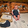 Asstro is registered to the contest to win money with this photo: baby, bare_feet, bed, blanket, child, cowboy_theme, denim_overalls, face, horse_pattern, indoor, infant, photography, portrait, rustic, serious, sitting, striped_shirt, textile, wanted_poster, wooden_wall