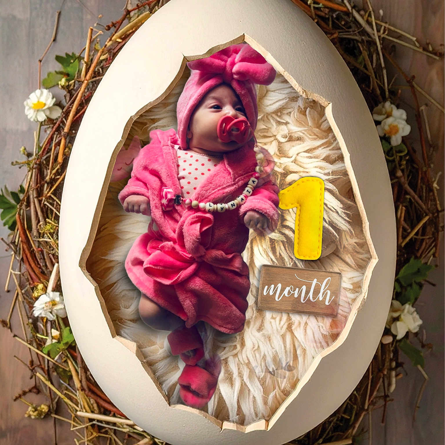Lynaïa participe au concours pour gagner de l'argent avec cette photo : baby, infant, pink_clothing, pacifier, headwrap, nest, egg_prop, flowers, wooden_floor, blanket, milestone, number_one, cozy, cute, portrait, soft_texture, celebration, newborn, baby_photography, props