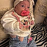 baby, bib, bow, child, clothing, comfortable, cozy, cute, headband, indoor, infant, jeans, pacifier, patterned_blanket, pillows, portrait, sitting, small_hands, soft_lighting, zebra_print