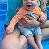 Castiel is registered to the contest to win money with this photo: adult, arms, baby, blue_pool, casual_clothing, child, hand, happy, legs, nature, orange_shirt, outdoor, person, shorts, sitting, skin, smiling, summer, tattoo, water