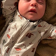 Aurora is registered to the contest to win money with this photo: baby, sleeping, onesie, cowboy_theme, blanket, soft_texture, peaceful, infant, cute, face, closed_eyes, hand, arm, clothing, bedtime, rest, portrait, child, young, indoor