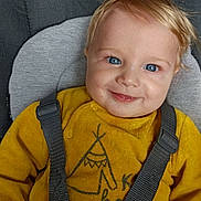 Jules a rejoint le concours — aidez-le/la à gagner de superbes lots ! baby, child, blue_eyes, smile, yellow_sweater, car_seat, straps, blond_hair, face, portrait, cute, happy, infant, toddler, clothing, seatbelt, closeup, indoor, person, expression