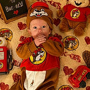 Hunter joined the competition — help win amazing prizes! baby, infant, child, portrait, lying_down, smiling, wide_eyed, costume, beaver_costume, red_shirt, plush_toy, stuffed_animal, blanket, heart_pattern, toy_truck, welcome_sign, indoor, themed_setup, buc_ee's, cozy