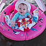 baby, infant, water, inflatable_ring, pink, hat, smiling, child, floating, summer, outdoor, playful, sea_creatures, canopy, hand, cute, blue_eyes, splash, swimming, fun
