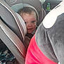 toddler, child, car_seat, car_interior, plush_toy, hand, blue_eyes, seatbelt, graco, window, bottle, car_door, clothing, person, baby, child_seat, automobile, seat, toy, curious