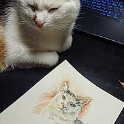 Odile a rejoint le concours — aidez-le/la à gagner de superbes lots ! animal, art, calico_cat, cat, closeup, creative, desk, fur, illustration, indoor, keyboard, laptop, painting, paper, pet, relaxed, sleepy, still_life, watercolor, whiskers