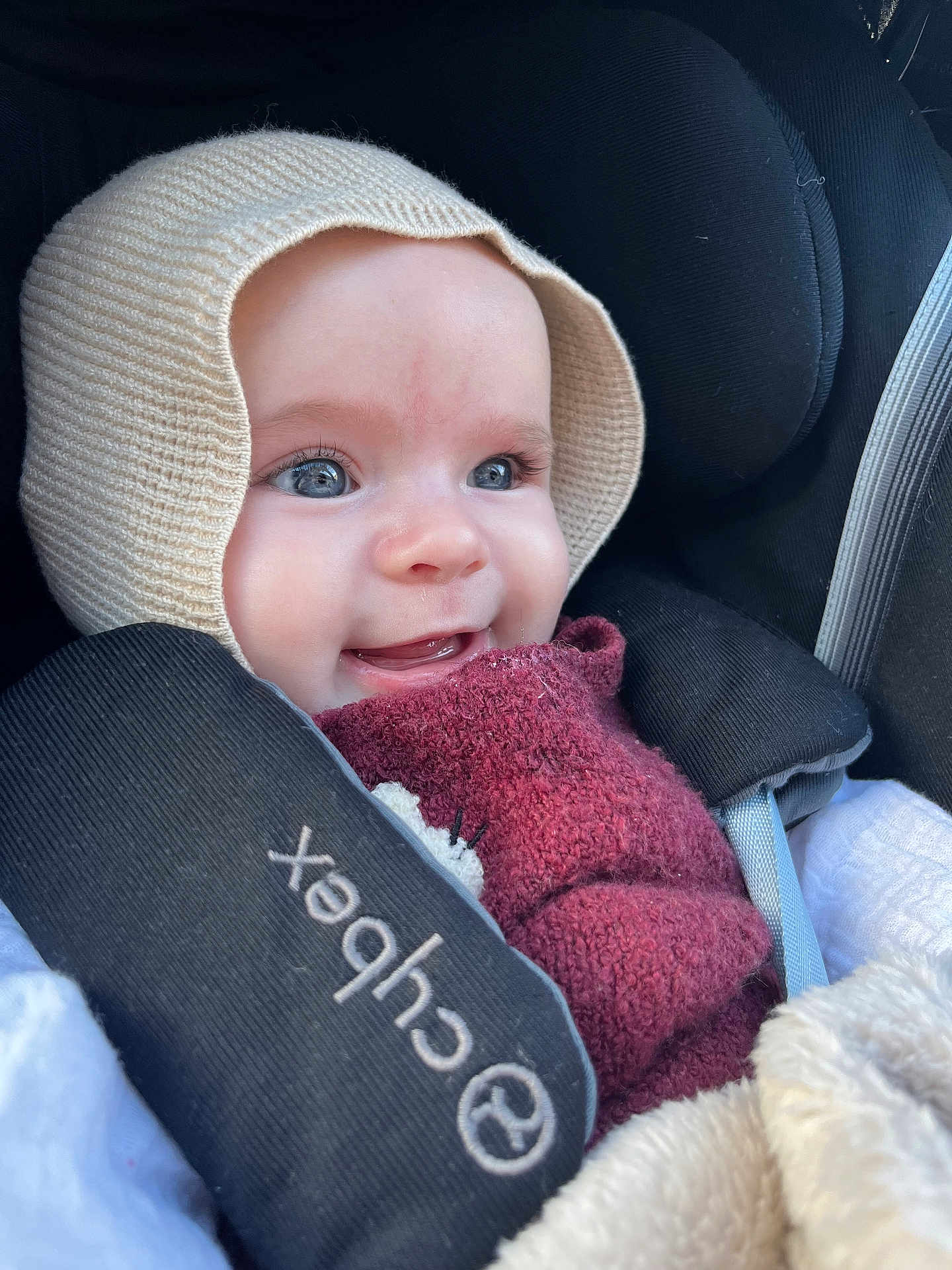 Lana a rejoint le concours — aidez-le/la à gagner de superbes lots ! apparel, baby, baby_carrier, blanket, car_seat, child, closeup, clothing, cute, eyelashes, face, happy, indoor, infant, knit_hat, portrait, seatbelt, smile, soft_texture, warm