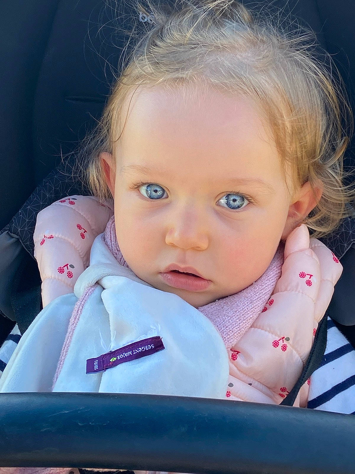 Nina a rejoint le concours — aidez-le/la à gagner de superbes lots ! baby, baby_carriage, baby_toddler_clothing, blond, cheek, child, chin, eyebrow, eyelash, flash_photography, grass, hair, happy, iris, lip, nose, person, skin, steering_wheel, toddler
