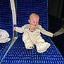 Lyam a rejoint le concours — aidez-le/la à gagner de superbes lots ! baby, child, seat, train, blue, onesie, animal_print, infant, clothing, indoor, travel, window, reflection, floor, footwear, person, seatback, sleepy, pensive, transportation