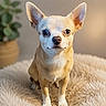 chihuahua, dog, small_dog, pet, animal, fluffy_bed, indoor, home, cute, ears, alert, portrait, furry, canine, looking_at_camera, sitting, beige, soft_light, plant, cozy