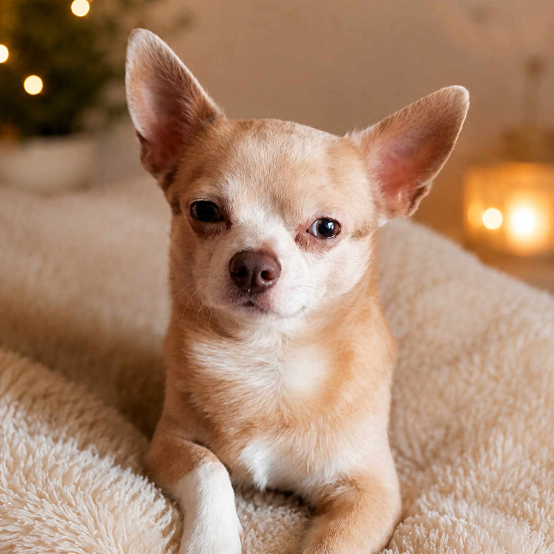 Urko participe au concours pour gagner de l'argent avec cette photo : dog, chihuahua, small_dog, pet, animal, fluffy_blanket, cozy, indoor, portrait, brown_dog, white_paws, relaxed, cute, ears_up, looking_at_camera, warm_lighting, bokeh, candle, decor, soft_texture