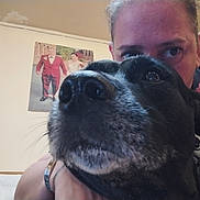 Mya participe au concours pour gagner de l'argent avec cette photo : dog, person, selfie, close_up, black_dog, indoor, portrait, face, animal, pet, wall, photo_frame, human, eyes, snout, fur, casual_clothing, bracelet, background, home