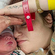 Grayson joined the competition — help win amazing prizes! newborn, baby, mother, hospital, wristband, tattoo, blanket, closeup, skin, face, hand, hospital_gown, striped_blanket, resting, portrait, intimacy, family, tired, love, person