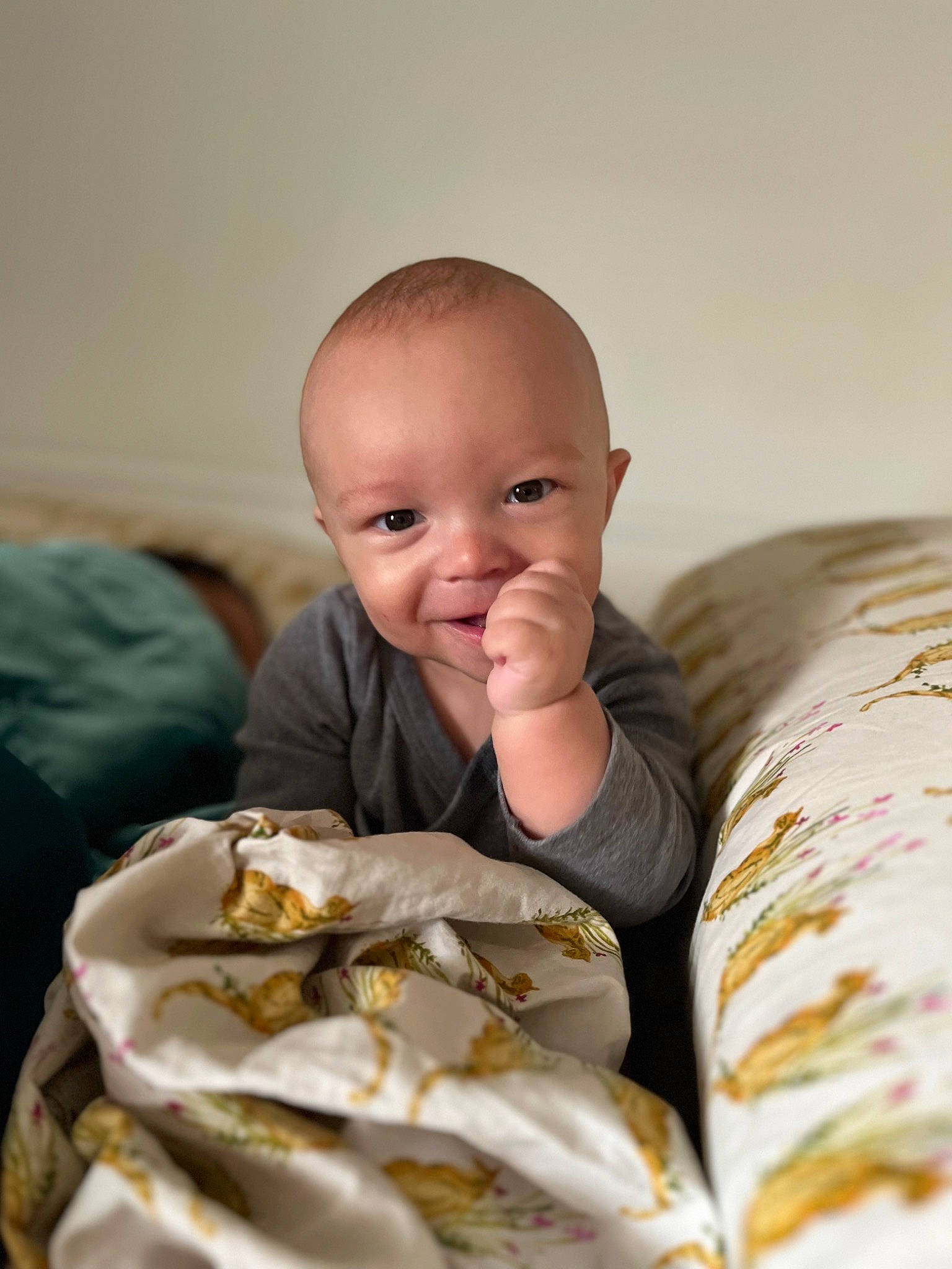 Oskar Wolf joined the competition — help win amazing prizes! baby, baby_toddler_clothing, bedding, child, comfort, fur, happy, linens, person, room, sitting, smile, thumb, toddler, wood