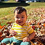 toddler, child, autumn_leaves, outdoor, smiling, yellow_shirt, striped_shirt, teal_pants, grass, sunlight, fall, nature, happy, sitting, baby, cute, portrait, daylight, seasonal, parked_cars