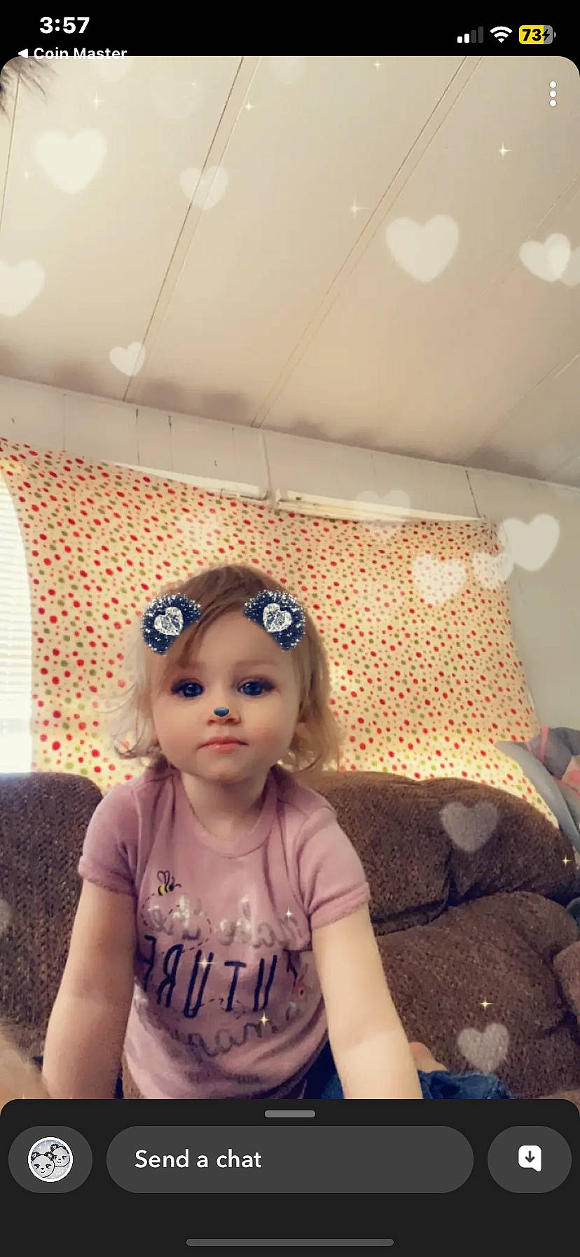 Kayla is registered to the contest to win money with this photo: blond, brown_hair, ceiling, chin, couch, doll, eye, eyelash, eyewear, fashion_design, fun, glasses, head, headwear, iris, mouth, pattern, person, skin, sunglasses