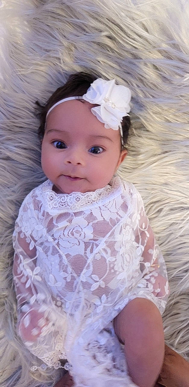 Rishana Ava joined the competition — help win amazing prizes! baby, baby_toddler_clothing, beauty, bridal_accessory, cheek, dress, embellishment, eye, eyebrow, eyelash, flash_photography, happy, headgear, headpiece, headwear, iris, lip, person, pink, skin