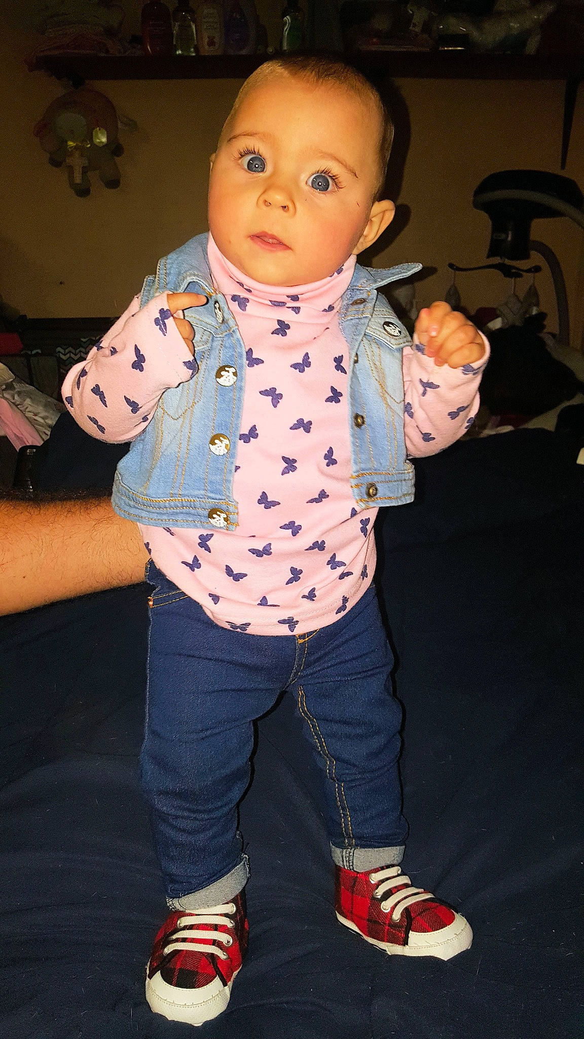 Louisa joined the competition — help win amazing prizes! baby, cheek, child, denim, footwear, jeans, outerwear, person, shoe, standing, toddler, toy