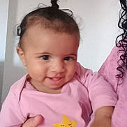 Hope-Zaly participe au concours pour gagner de l'argent avec cette photo : baby, child, smile, person, pink_clothing, indoor, hand, pony_tail, face, cute, portrait, happy, infant, human, apparel, childhood, holding, skin, expression, young