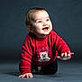 baby, background, child, clothing, crawling, cute, floor, happy, head, indoor, infant, person, portrait, reaching, red_sweater, smiling, studio, sweater, teddy_bear, young_child